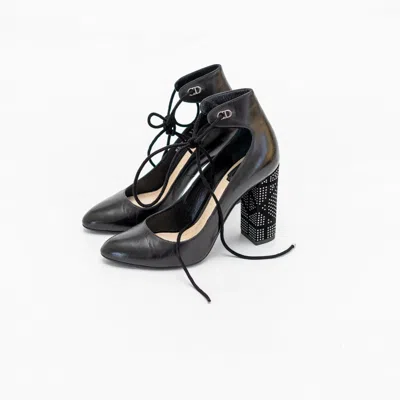 Pre-owned Dior Black Leather Stellar Block Heel Ankle Tie Pumps, 37