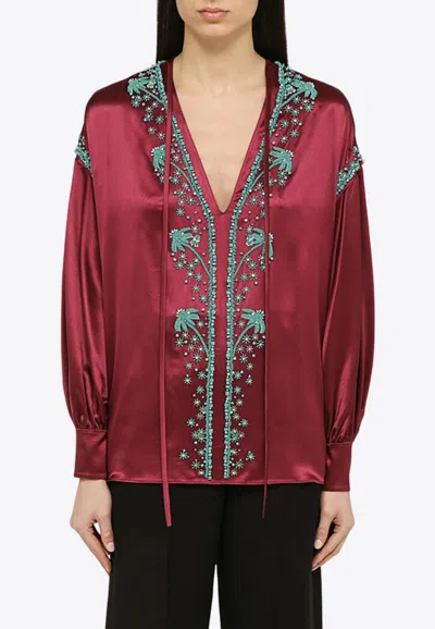 Valentino Bead Embellished Silk Blouse In Burgundy