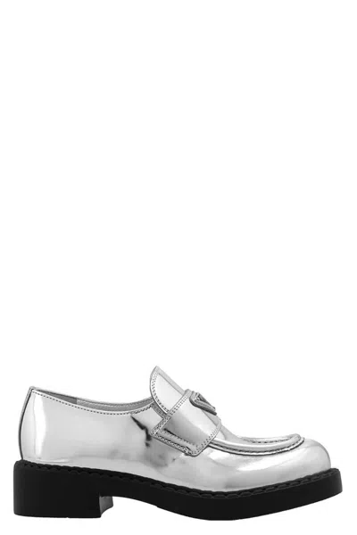Prada Metallic Leather Logo Loafers In Silver