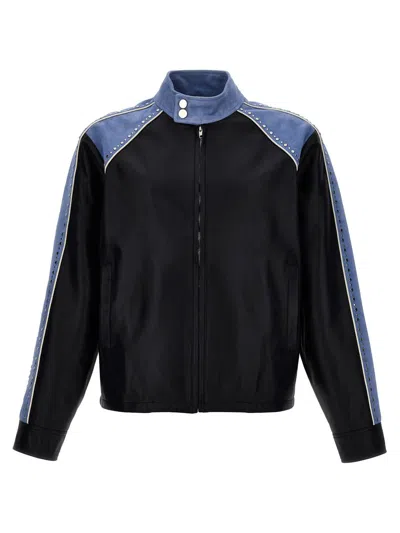 Wales Bonner Mens Light Blue Navy Marvel Contrast-panel Leather Jacket