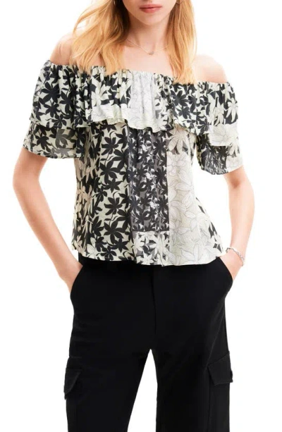 Desigual Anas Mixed Floral Off The Shoulder Top In White