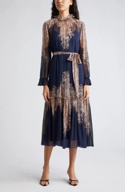 Zimmermann Natura Floral Paisley Belted Long Sleeve Midi Dress In Blue