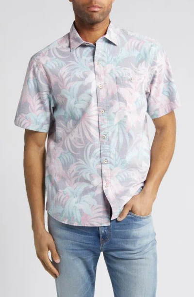 Tommy Bahama Nova Wave Midnight Tropics Stretch Seersucker Short Sleeve Button-up Shirt In Black/ Pink