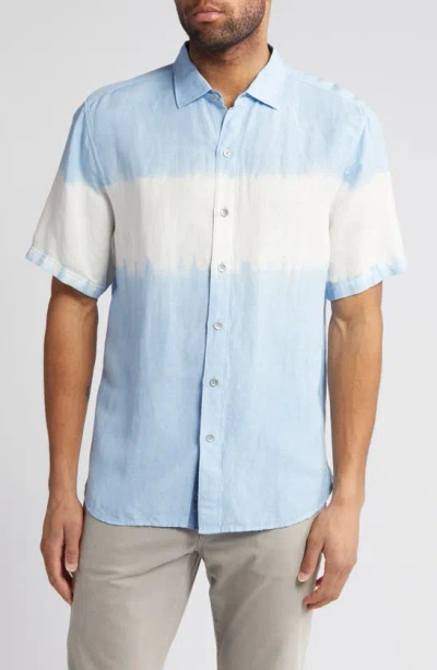Tommy Bahama Tie Dye One On Short Sleeve Linen Blend Button-up Shirt In Chambray Blue