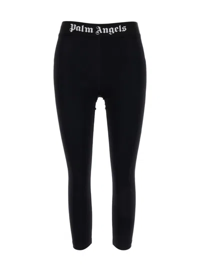 Palm Angels Black Cropped Leggings With Logo Waistband In Technical Fabric Woman