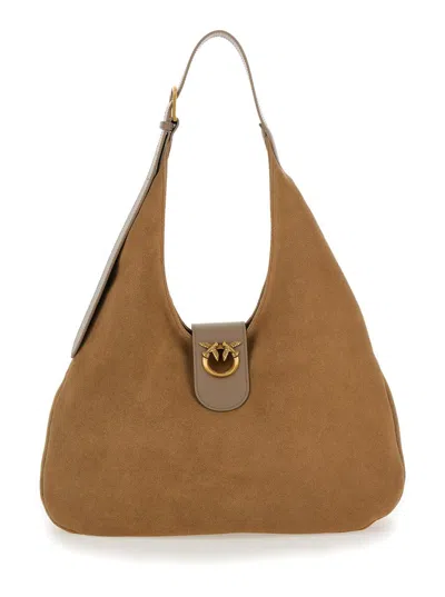 Pinko Brown Big Hobo Bag With Logo Detail In Suede Woman In Beige