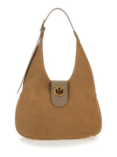 Pinko Brown Small Hobo Bag With Logo Detail In Suede Woman In Beige