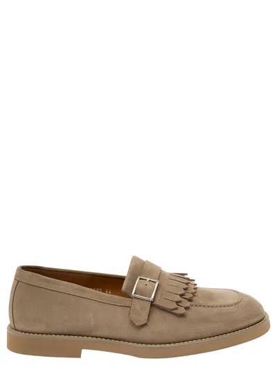 Doucal's Beige Loafers With Fringe And Buckle In Suede Man