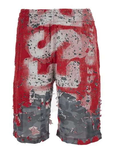 Diesel Red And Grey Shorts With Logo Print In Destroyed Jersey Man In Multicolor