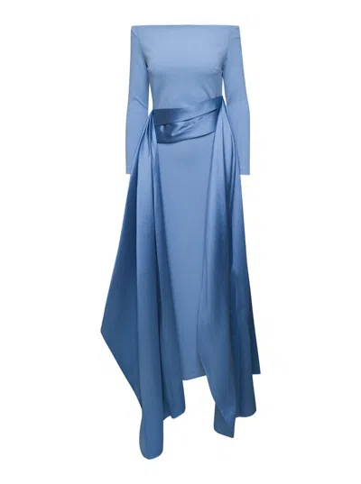 Solace London Light Blue Long Dress With Train In Techno Fabric Stretch Woman