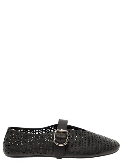 Jeffrey Campbell 'shelly' Black Ballet Flats With Maxi Buckle In Lace Effect Leather Woman