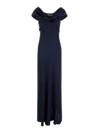 Alberta Ferretti Bow Detailed Flared Maxi Satin Dress In Blu