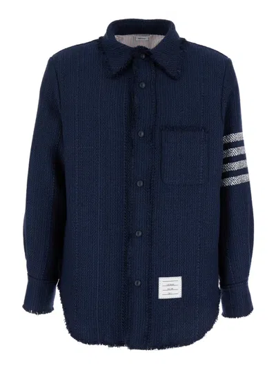 Thom Browne Snap Front Shirt Jacket W/fray Edge In Woven 4 Bar Solid Cotton Tweed In Blu