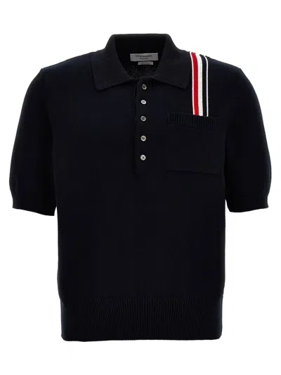 Thom Browne Rwb Stripe Straight Hem Knitted Polo Shirt In Blue