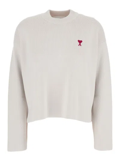 Ami Alexandre Mattiussi White Crewneck Sweater With Signature Ami De Coeur Logo In Cotton Blend Woman