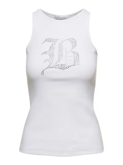 Blumarine White Ribbed Tank Top With Rhinestone Logo In Cotton Woman