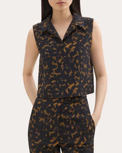 Theory Cropped Sleeveless Polo In Tortoiseshell Printed Crepe In Dark Brown Multi