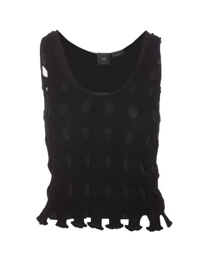 Pinko Dotted Knit Sleeveless Top With Scalloped Hem In Black