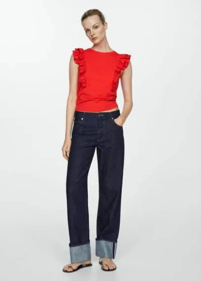 Mango Frills Cotton T-shirt Red In Rouge