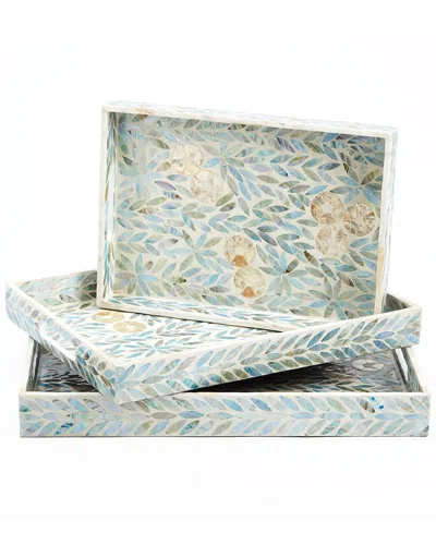 Tozai Home Palawan Flower Set Of 3 Mother-of-pearl Lacquered Trays In Blue
