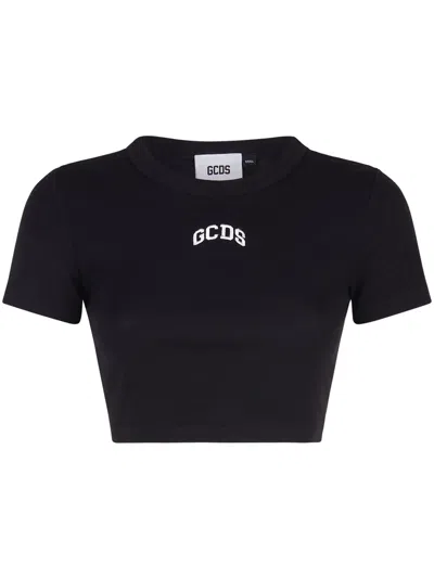 Gcds Logo-embroidered Cropped T-shirt In Black
