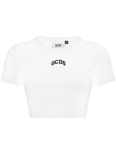 Gcds Logo-embroidered Cropped T-shirt In White