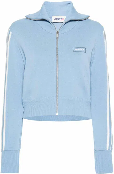 Autry Intarsia-logo Zip-up Cardigan In Light Blue