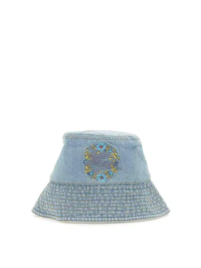 Etro Bucket Hat With Pegasus Embroidery In Dark Wash