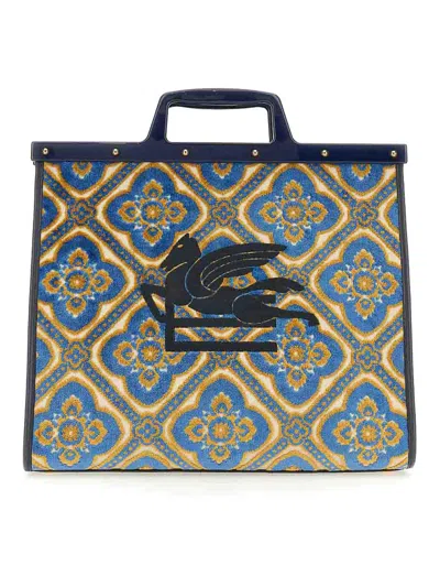 Etro Navy Blue Jacquard Medium Love Trotter Bag In Multicolour
