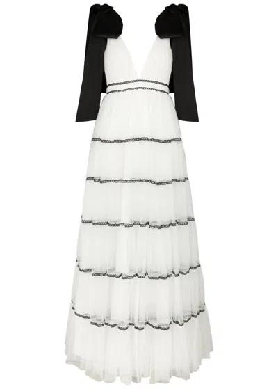 Alice And Olivia Jessalynn Bow Strap Tiered Maxi Gown In Off White