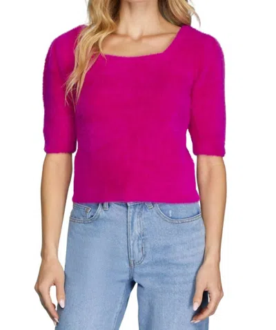 She + Sky Short Sleeve Square Neck Fuzzy Sweater In Fuschia In Pink