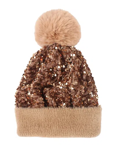 Pia Rossini Kiaro Sequin Velvet Hat With Faux Fur Pom In Gold