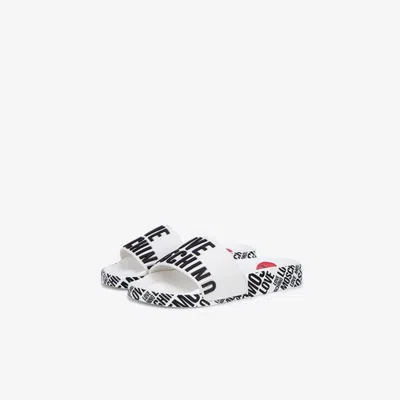 Moschino Love Logo Printed Faux Leather Slides In White
