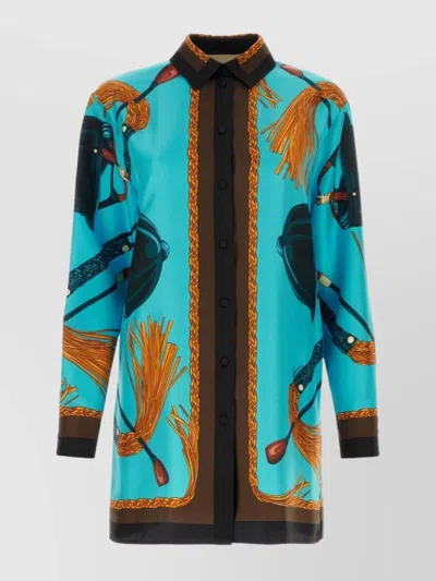 Gucci Equestrian-print Silk-twill Shirt In Turquoise Brown Mc