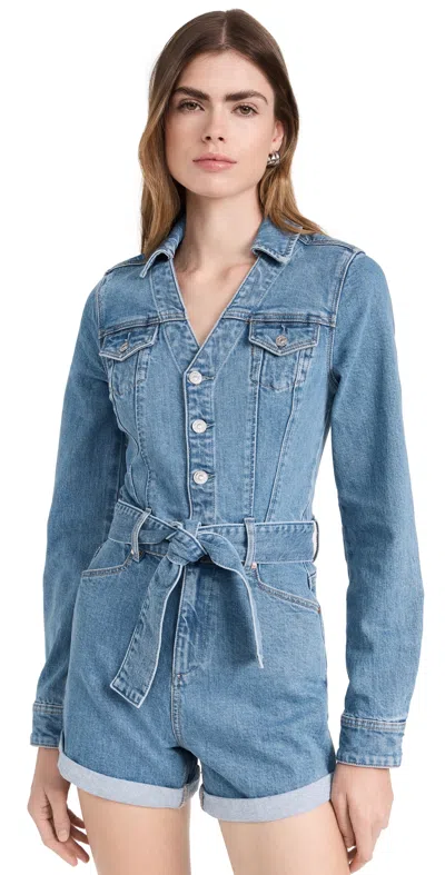 Paige Maggy Tie Waist Long Sleeve Denim Romper In Tracey