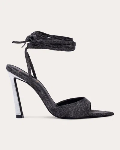 Black Suede Studio Women's Terina Strappy Sandal In Black Washed Denim/silver Metallic Leather Heel