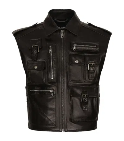 Dolce & Gabbana Biker Leather Gilet In Black