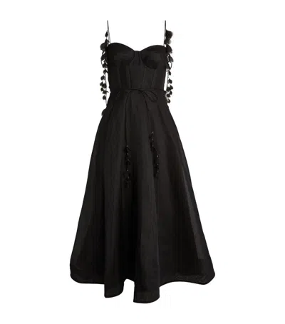 Zimmermann Natura Embellished Corset Linen-silk Midi Dress In Black
