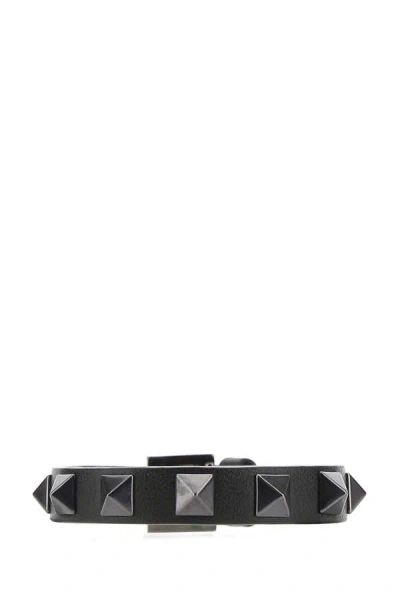 Valentino Garavani Man Black Leather Rockstud Bracelet