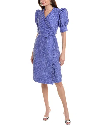 Ganni 3d Jacquard Wrap Ruffle Midi Dress In Blue