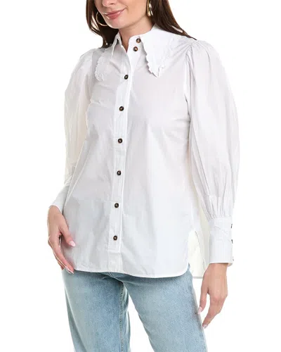 Ganni Poplin Long Collar Puff Sleeve Shirt In White