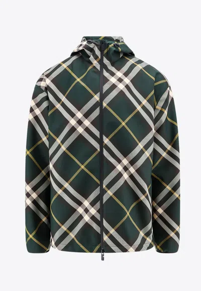 Burberry Check Pattern Hooded Jacket In Green