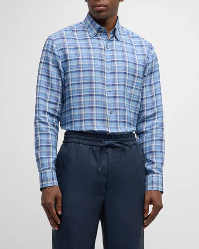 Brioni Men's Linen Plaid Casual Button-down Shirt In Bluette