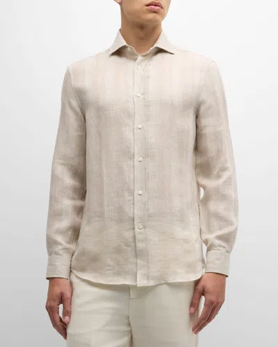 Brunello Cucinelli Men's Linen Stripe Casual Button-down Shirt In Light Tan
