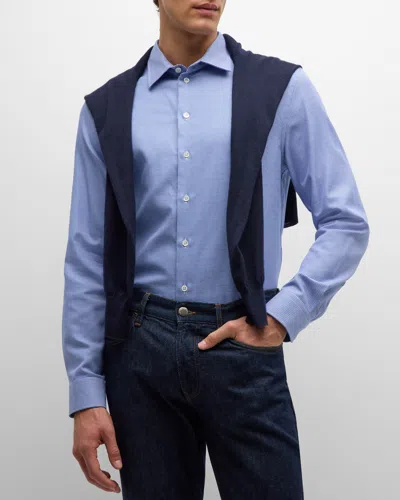 Emporio Armani Men's Cotton Micro-houndstooth Sport Shirt In Solid Medium Blue