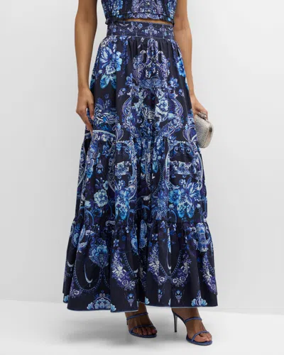Camilla High-waist Tiered Organic Cotton Poplin Skirt In Delft Dynasty