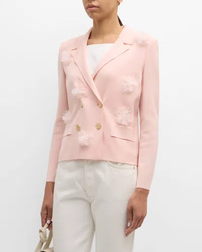 Misook Double-breasted Floral Applique Knit Jacket In Porcelain Pink