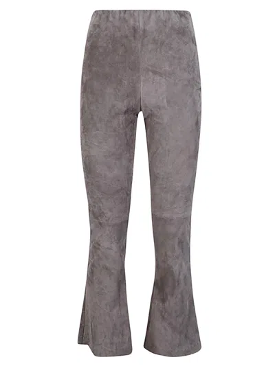 Via Masini 80 Cropped Flared Suede Trousers In Grey