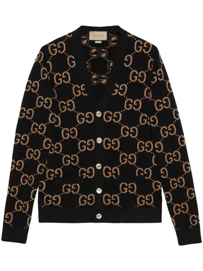 Gucci Gg Motif Button-up Cardigan In Black,camel