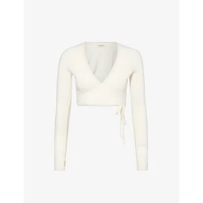 Adanola Womens Marshmallow White Wrap-over Cropped Knitted Cardigan